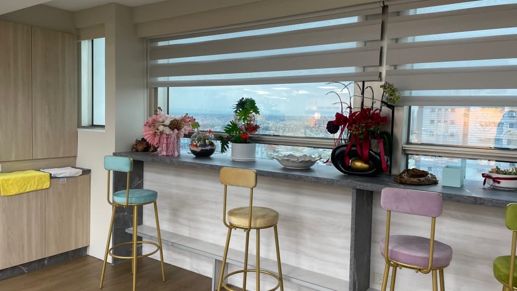 Located on a high floor with city views