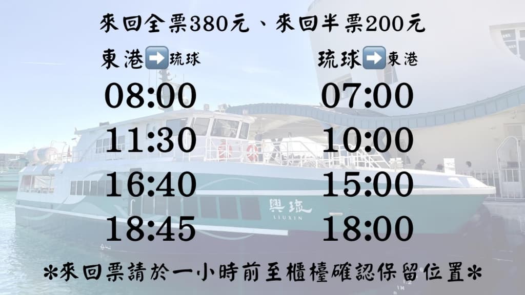 琉興航運公司:
國營的船運公司,票價較便宜,但班次間隔較少,每日僅 4 趟船班。優勢在於最晚船班比其他航運來得晚。